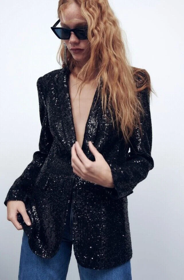 A958 ZARA BLAZER JACKET SEQUINS BLACK SILVER WITH BUTTONS COAT SMALL S