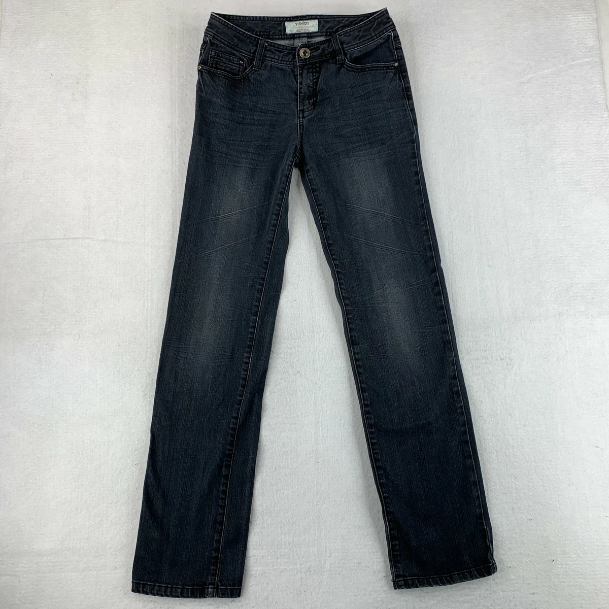 YISHION Straight Leg Denim Jeans Women s 26 Dark Navy Black Mid Rise Rhinestone