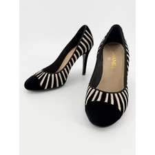 Chanel Pumps Striped Velvet Cap Toe Interlocking CC Logo Black White 39.5 9.5