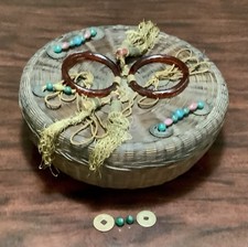 Antique Chinese Sewing Basket Peaking Glass Beads Bangles Coins and Tassels