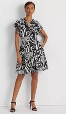Lauren Ralph Lauren Women’s Floral Ruffle Belted Midi Dress Black White Sz 10