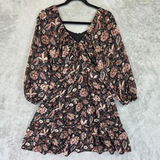 Madewell Dress Womens 00 Black Floral Tiered Mini Puff Sleeve Tie Front NI659