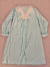 Vanity Fair Peignoir Nightgown Women's Medium Aqua Button Down Lace Silky Vtg