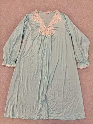 Vanity Fair Peignoir Nightgown Women's Medium Aqua Button Down Lace Silky Vtg