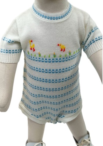Vintage Baby Junge 6-9 Monate weiß Strick Strampler ein kleiner Engel mit Enten - Bild 1 von 15