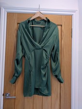 Zara Jewel Green Wrap Dress Satin Effect XS 6-8 Shoulder Pads Button Detail Zip