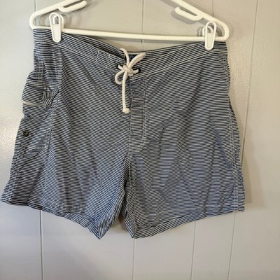 J. Crew Board Shorts Mens 34 Blue White Striped Lace Up Cargo Pocket Swim Trunks