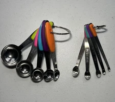Two Measuring Spoons Sets, Stainless Steel, Silicone Grip W/ Engraved Display