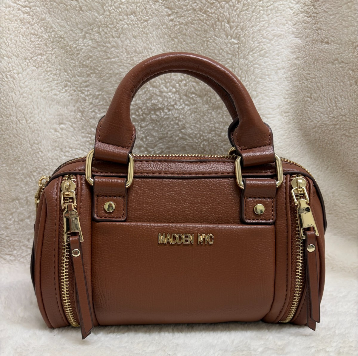 Cute Madden NYC Small Barrel Bag in Cognac Brown with Crossbody Strap