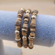 3Pcs Natural Wooden Beaded Bracelets Set Jewelry Gifts for Men Women Goldtone 