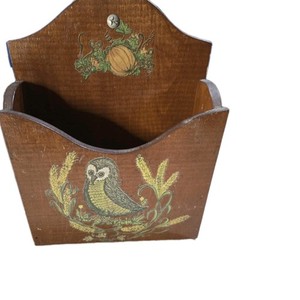 Vintage wooden wall pocket / mail holder with owl & pumpkin mouse