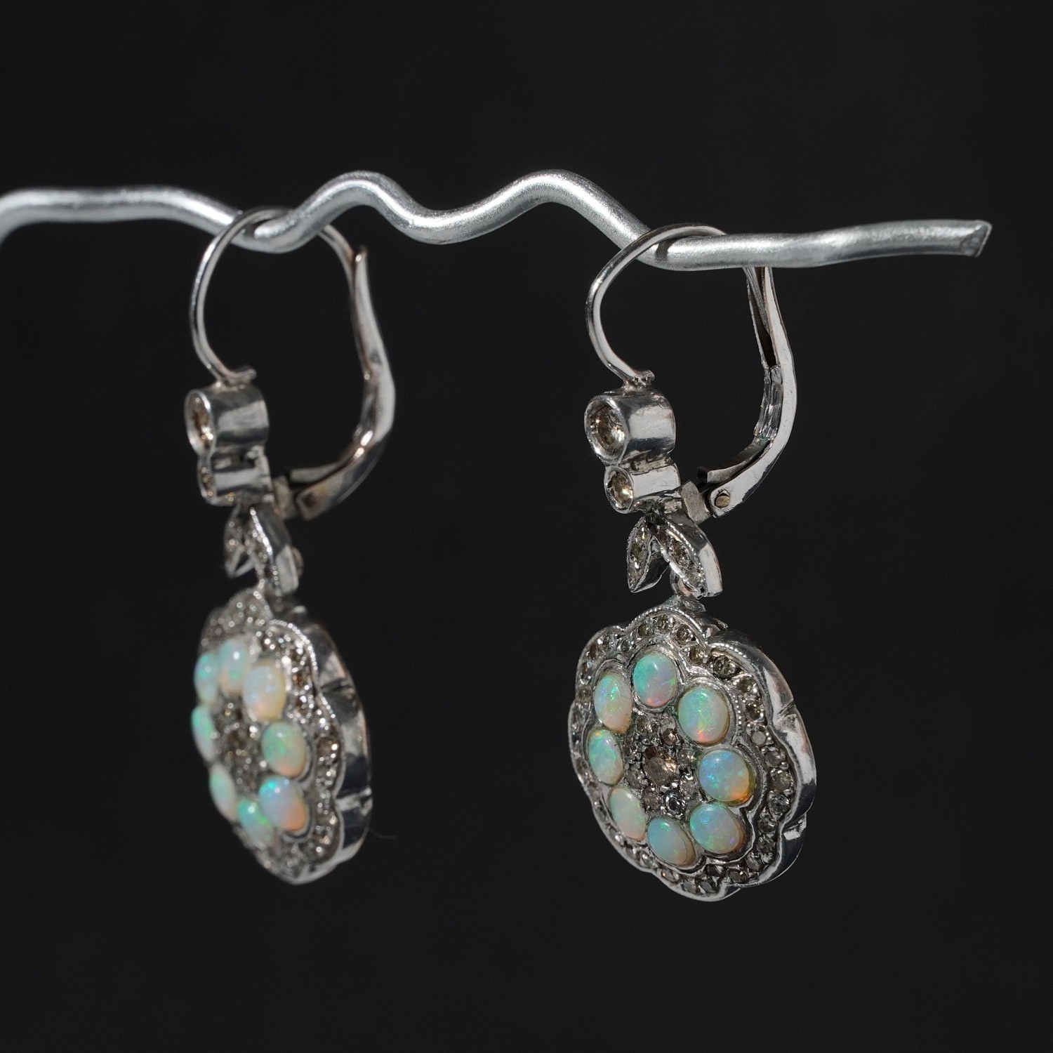 Vintage Solid Opal Diamond Flower Drop Earrings 9… - image 8