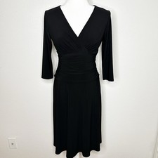 Nine West Womens Black V-Neck Ruched Cocktail Jersey Dress Size 4P EUC