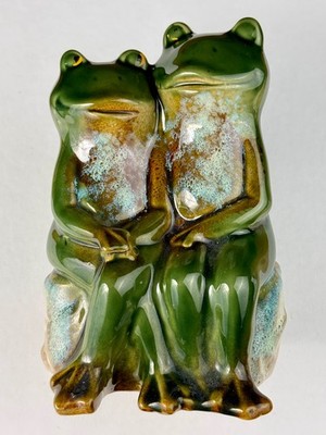 8'' Frog Couple Anthropomorphic Statue Figurine Ceramic Art Pottery Green Glossy
