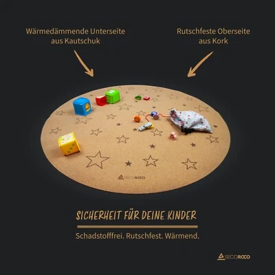 SECOROCO Runde Spielmatte aus Kork, schadstofffreie Krabbelmatte, verschiede Designs
