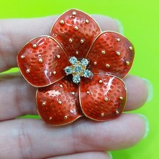 Beautiful Red Lily Brooch With Glossy Enamel And Diamanté Centre, High Quality