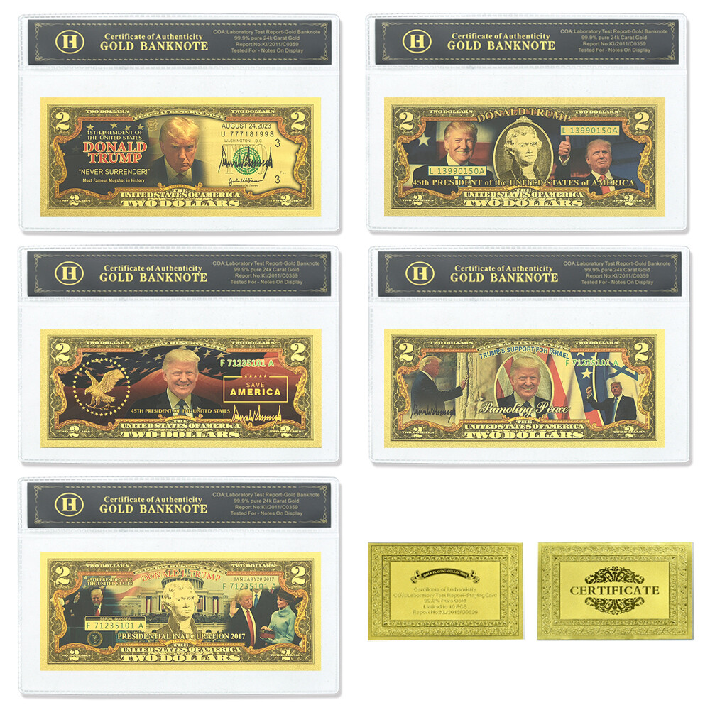 5pcs/set US 45th President Donald Trump Two Dollars Gold Foil Banknotes in Shell