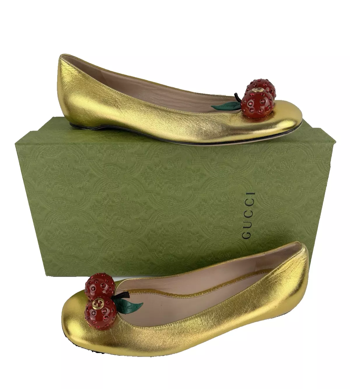 Gucci Auth 8,5 US 38,5 EU cuir doré rouge cerise Lexi GG ballerines chaussures boîte