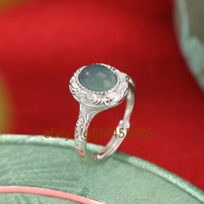 Certificate S925 Silver Blue Water jade Tang grass egg noodle ring adjustable