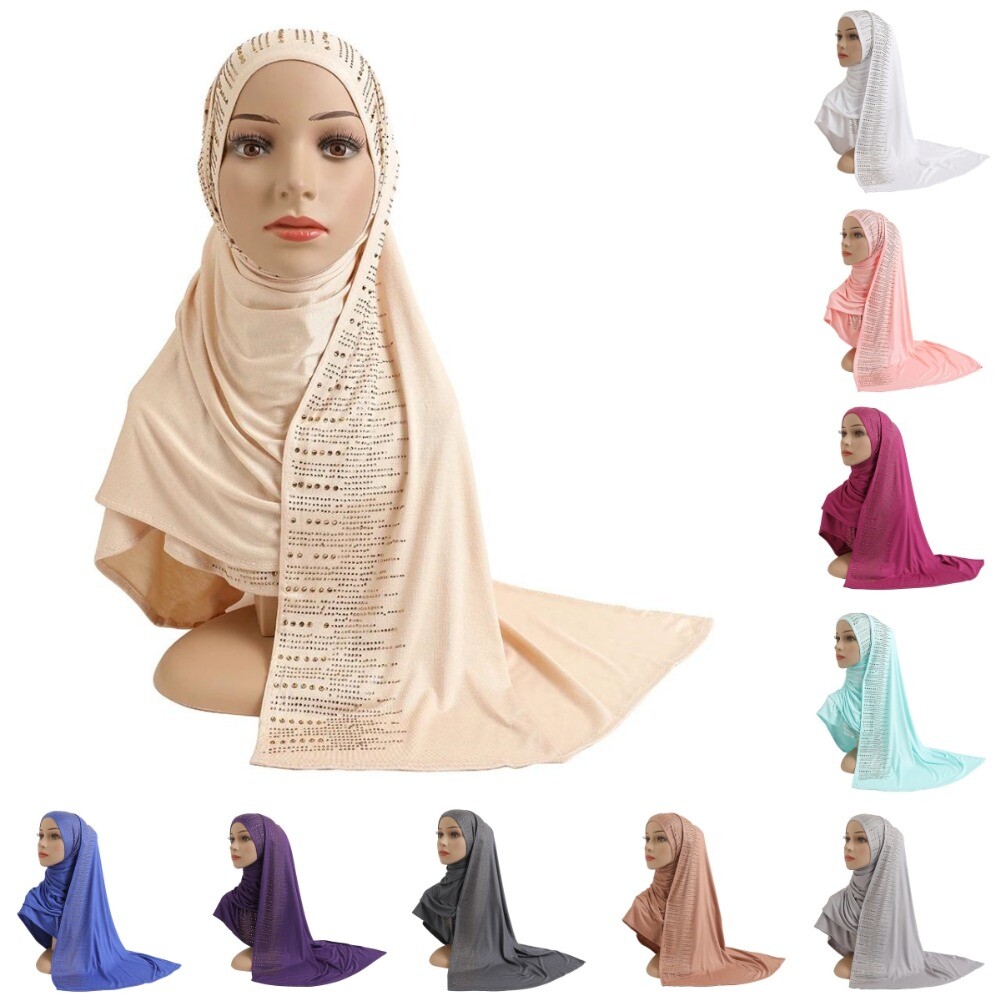 Cotton Jersey Scarf Glitter Rhinestones Headscarves Women's Long Hijab Head Wrap