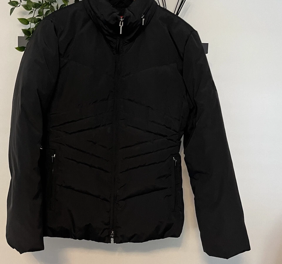 Casaco feminino tamanho 12 AnneKlein preto feminino pena capuz de pele sintética zíper completo - Imagem 3 de 4