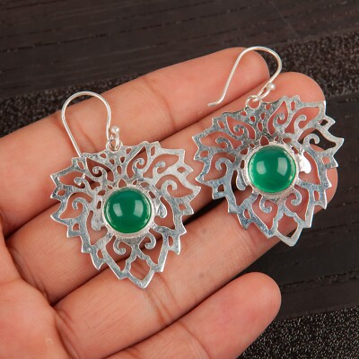 Natural Green Onyx Cab Gemstone 925 Sterling Silver Designer Leaf Shape Earrings