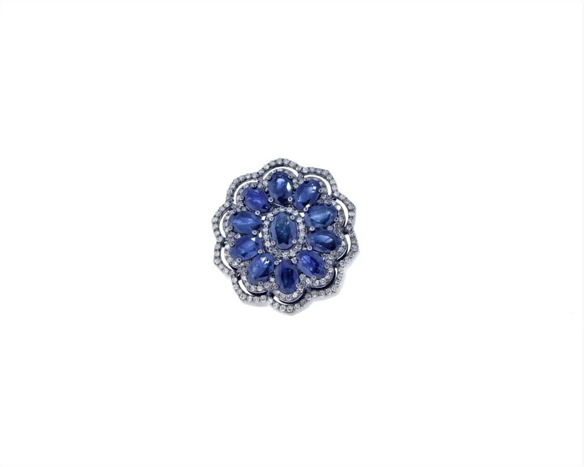 Handmade Victorian Blue Sapphire & Pave Diamond Ring in 925 Sterling Silver