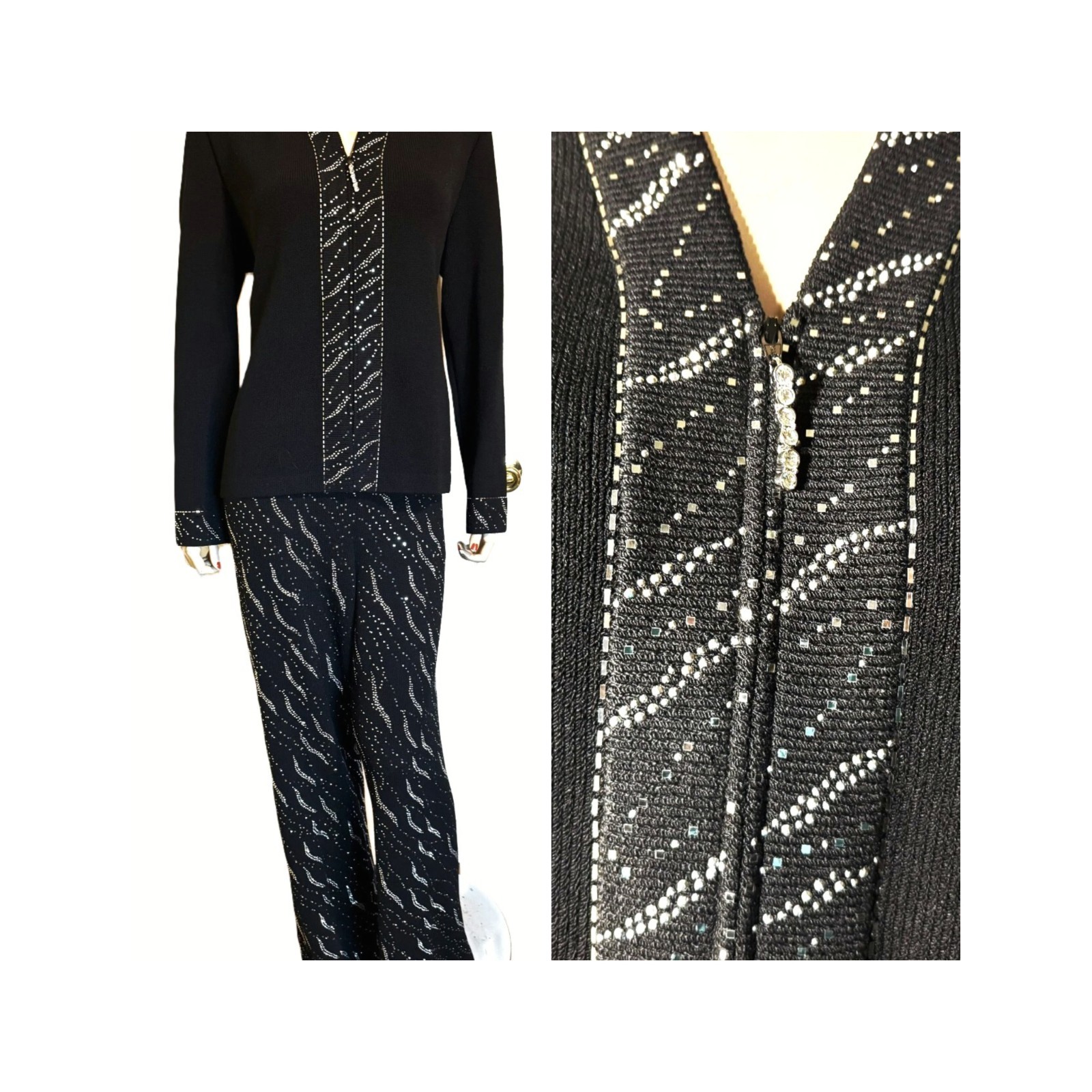 WOW St John Eve Santana Knit Black & Silver Sparkle Pants & Jacket Suit sz 12