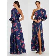 NWT Mac Duggal Navy One Sleeve Floral Print Charmeuse Gown With Slit - Size XL