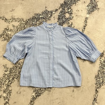 Samsøe Samsøe Textured Blouse Blue Puff Sleeve Lightweight Scandinavian Top M