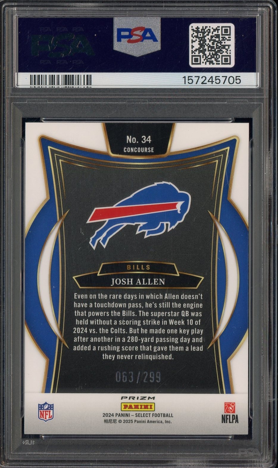 2024 Select Tri-Color Prizm #34 Josh Allen Buffalo Bills 63/299 PSA 9 view 2