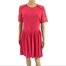 ASOS US 10 Pink Floral Lace Short Sleeve Zip Up Pleated Mini Fit & Flare Dress
