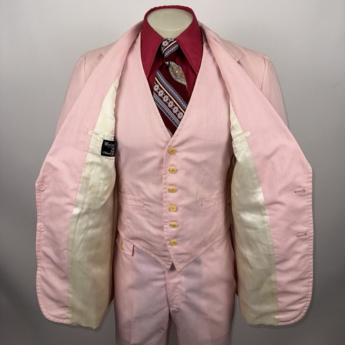 Vintage 3 Piece Suit Pink Mens 42 Jacket 34 31 Pants Summer Leisure Disco 70s