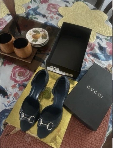 Gucci Guccissima Horsebit Peep-Toe D'Orsay Pumps Blue Leather Women's