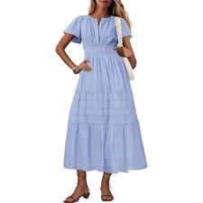 Womens Summer Casual Maxi Dress Short Sleeve V Neck Elastic Waist Boho