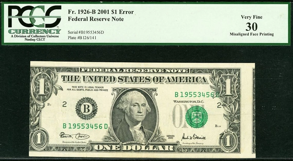 2001 $1 Federal Reserve Note PCGS 30 - Misaligned Face Printing Error - Image 2 of 3