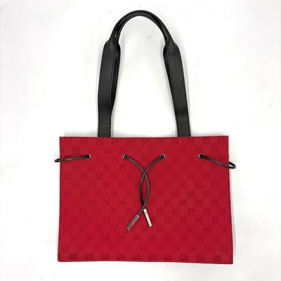 Gucci Tom Ford Era GG Canvas Drawstring Shoulder Tote Bag Red Black Vintage Auth