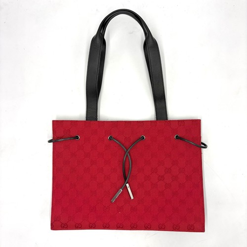 Gucci Tom Ford Era GG Canvas Drawstring Shoulder Tote Bag Red Black Vintage Auth