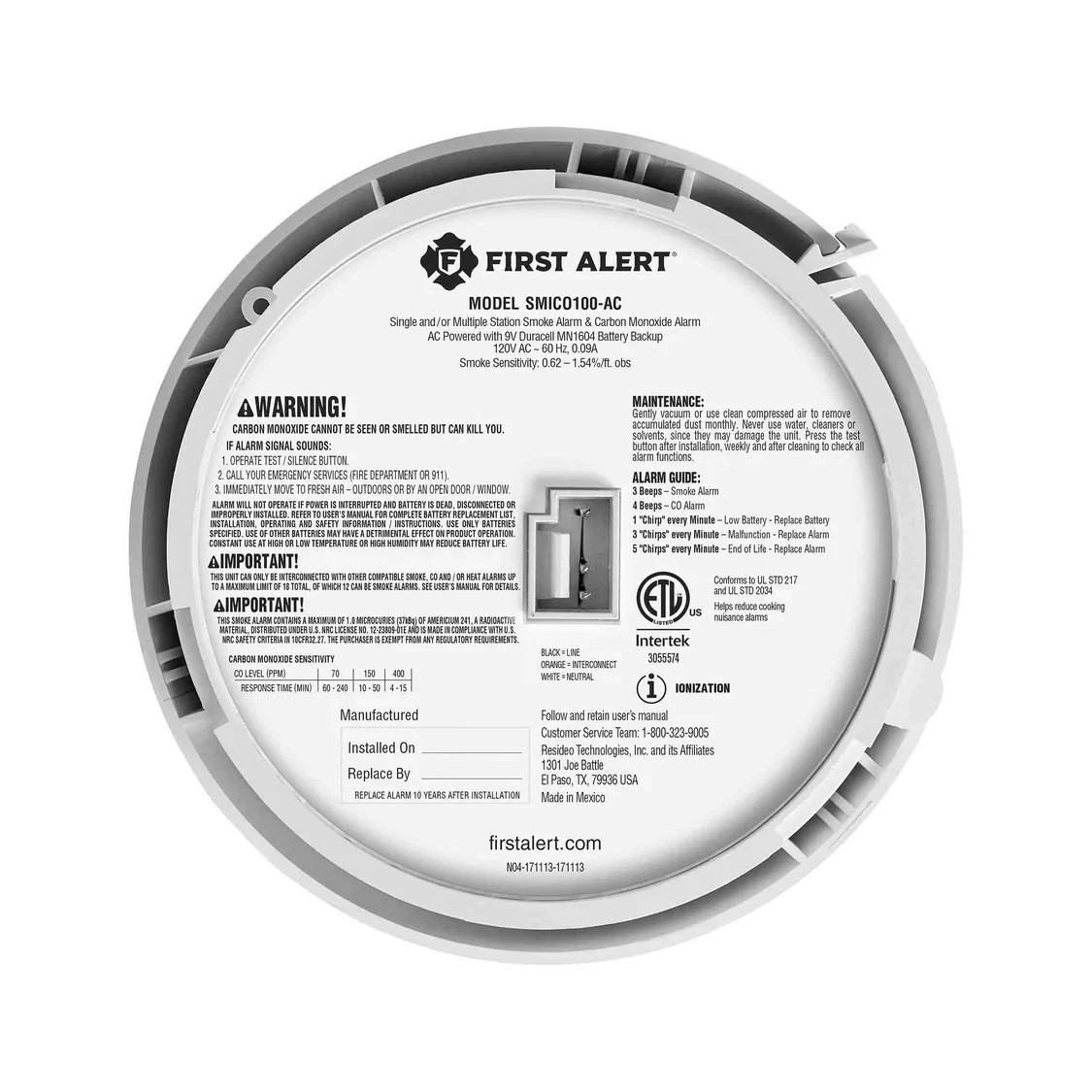 First Alert SC9120B/SMICO100-AC   Combination Carbon Monoxide & Smoke Alarm AC
