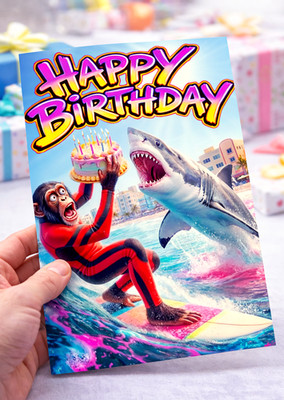 Lustige Geburtstagskarte Hai Angriff Affe! Surfing Chimp Comedy Happy Birthday