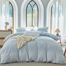 Striped Duvet Cover Set Full Size 3 Pcs 100 Washed Cotton Linen Like Textured