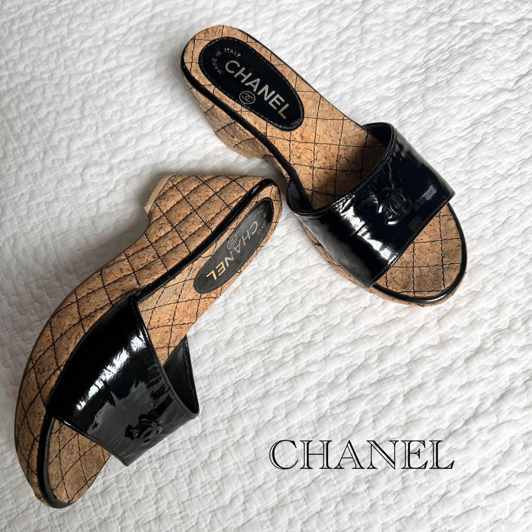 Chanel Coco Mark Black Leather Cork Wedge Sandals Women's Size 37 US 7