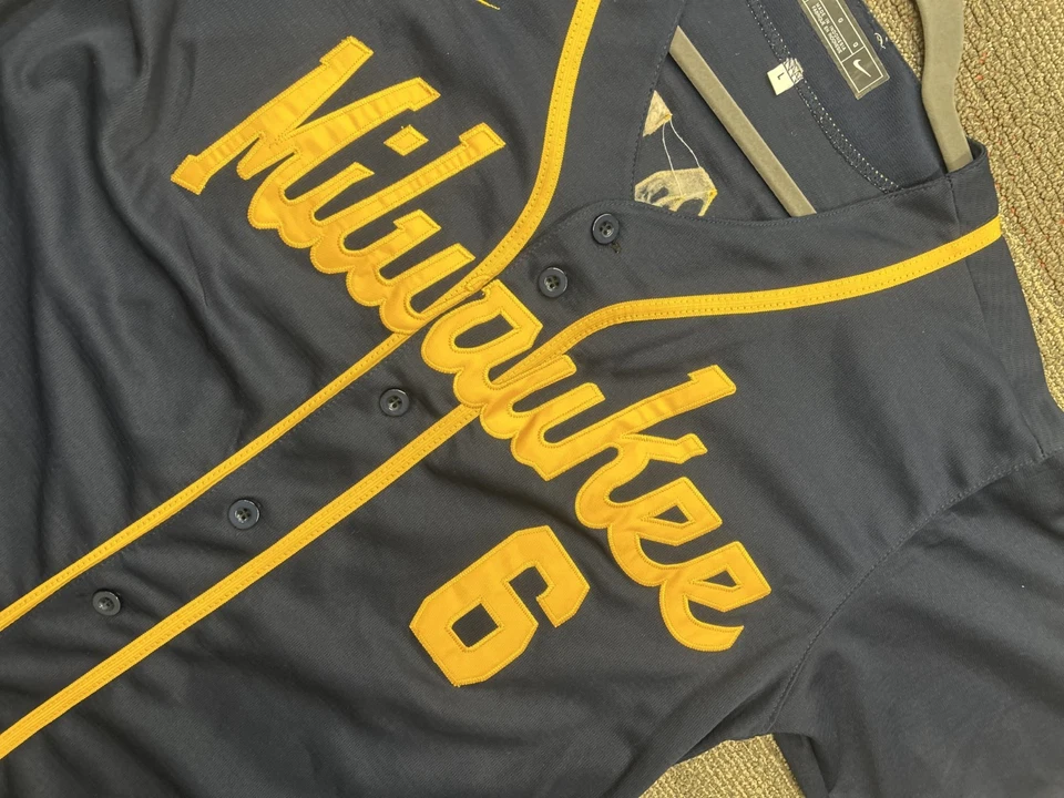 Camiseta deportiva gris Nike Lorenzo Cain #6 Milwaukee Brewers 50 aniversario talla grande Foto 3 de 4