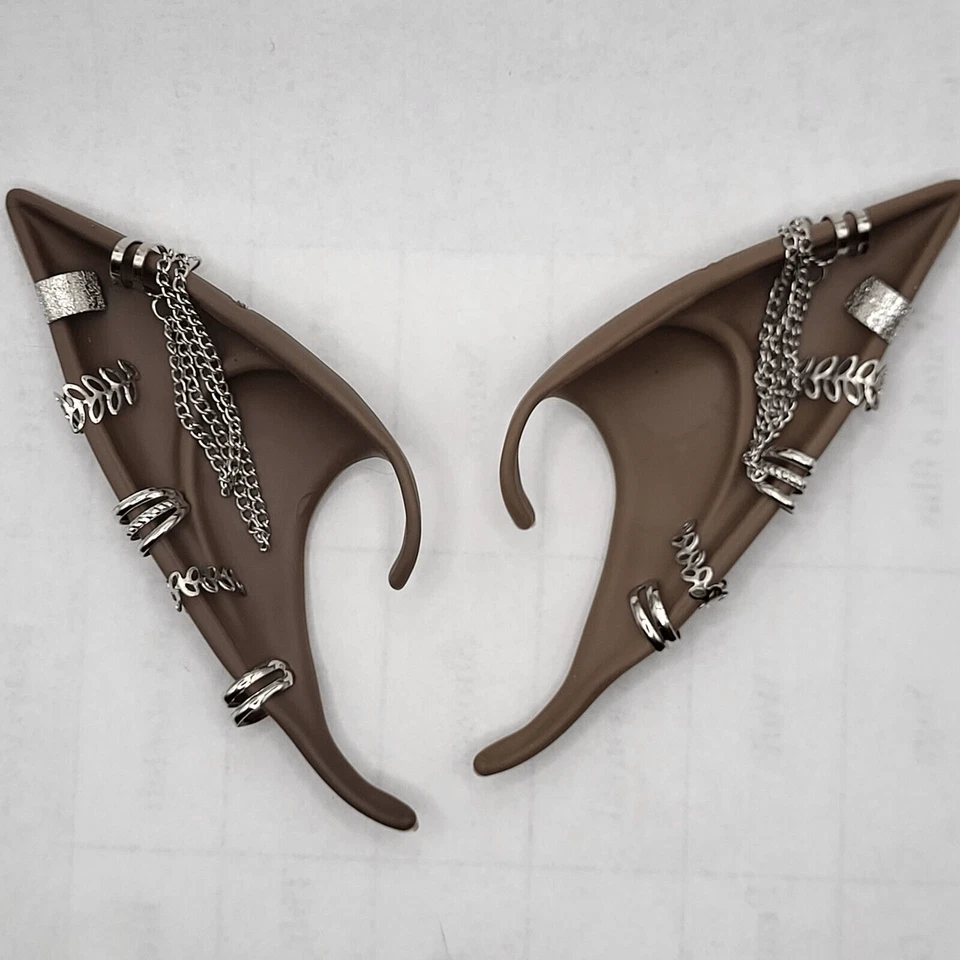 Melanin Fairy Elf Ears With Silver Piercings Cosplay Costume Pointy LARP Anime - Image 3 of 4