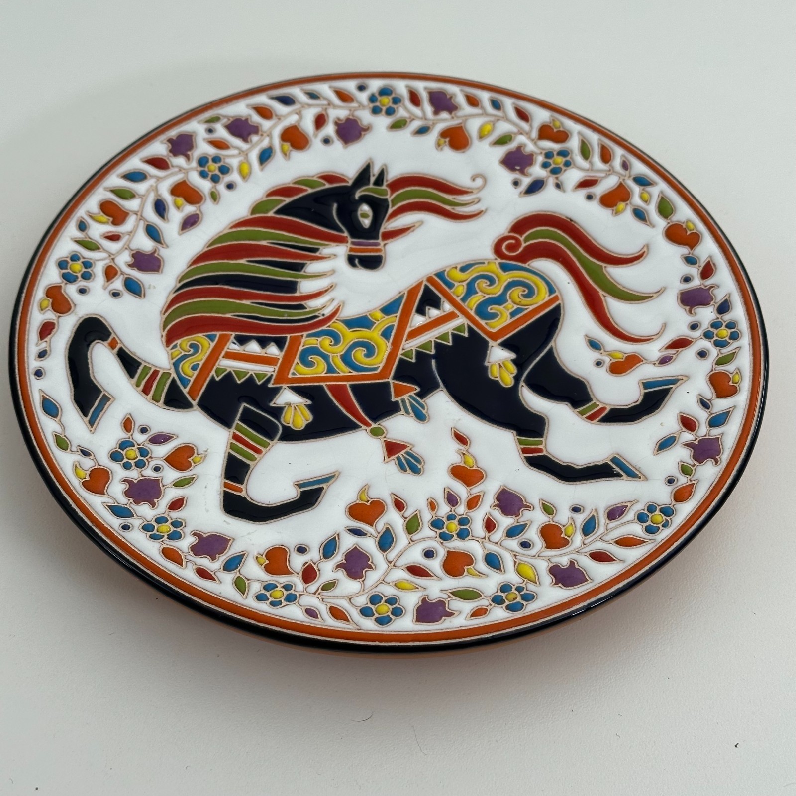 Cyrillic Folk Art Horse Plate - Heavy Enameling - Signed