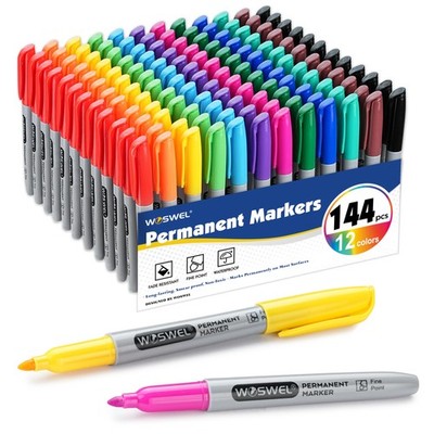 Permanent Markers 144 Pack Bulk Fine Point 12 Colors Waterproof WPM-144C WOSWEL