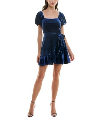 Trixxi Juniors' Puff-Sleeve Faux-Wrap Velvet Dress MSRP $ 49