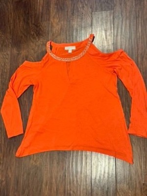 Womens Michael Kors Orange Cold Shoulder Top Shirt With Gold Chain Neckline Lrg