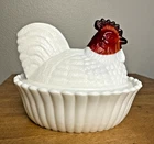 Vintage Westmoreland Hen/Rooster On Nest Covered Dish Milk Glass Red Glass Head