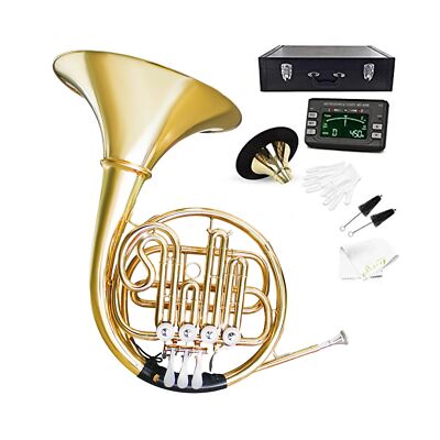 B Flat 4 Key Single Row French Horn - Brass Lacquer Gold Craft French Horn - ...